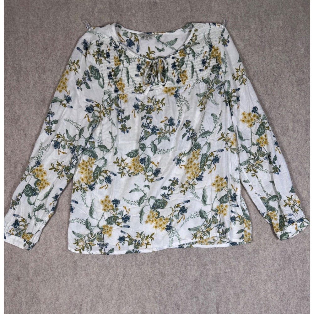 Lucky Brand White Floral Peasant Blouse with Yellow & Green Print
M